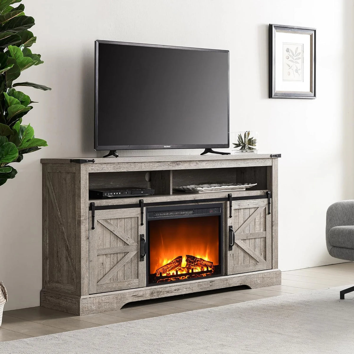 OKD Farmhouse Fireplace TV Stand up to 70", Entertainment Center with 23" Fireplace & Open Storage Shelves for Living Room, Antique White