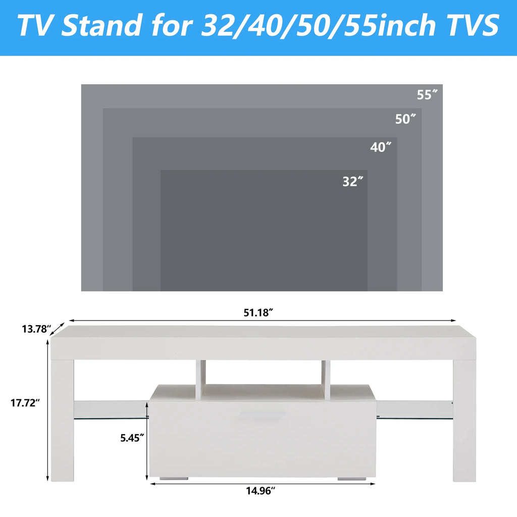 UHOMEPRO TV Stand for TV up to 70", Living Room Entertainment Center with RGB LED Lights and Storage Shelves Furniture, White High Gloss TV Cabinet Console Table