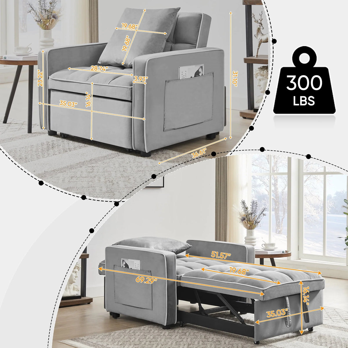 Muumblus Sleeper Sofa Chair Bed, 3-in-1 Convertible Sofa Chair with Pull Out Bed, Modern Adult Velvet Pull Out Sofa Bed for Living Room Apartment Small, Gray