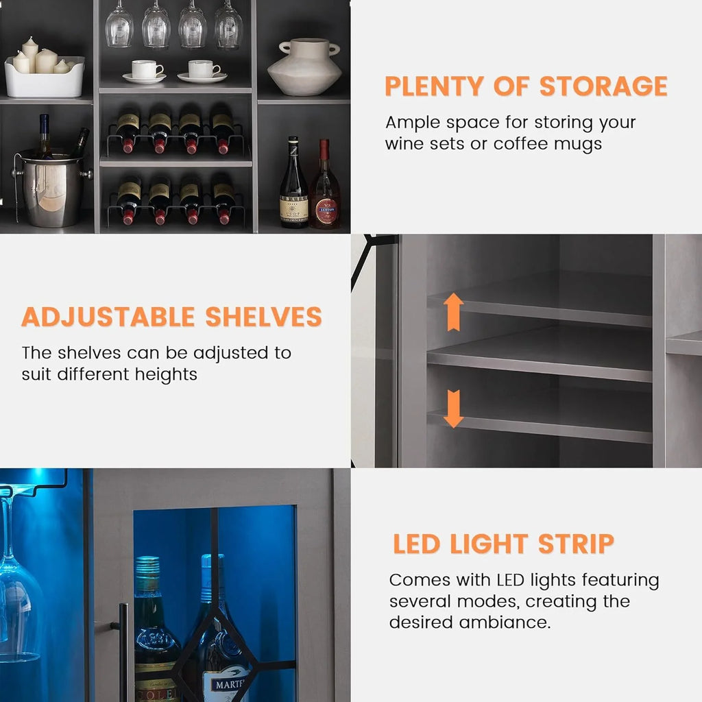 FOLDLIFE Wine Bar Cabinet with LED Lights, Liquor Cabinet Bar with Storage Cabinet, Coffee Cabinet with Bottles and Glass Rack, Buffet Sideboard with Storage Cabinet&Drawers,Dark Grey