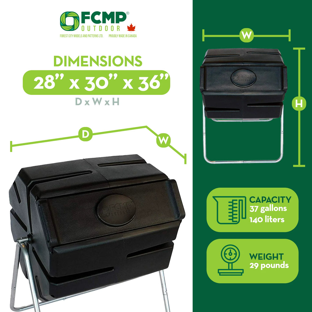 FCMP Outdoor 37 Gallon Single Chamber Roto Tumbling Compost Bin, Black