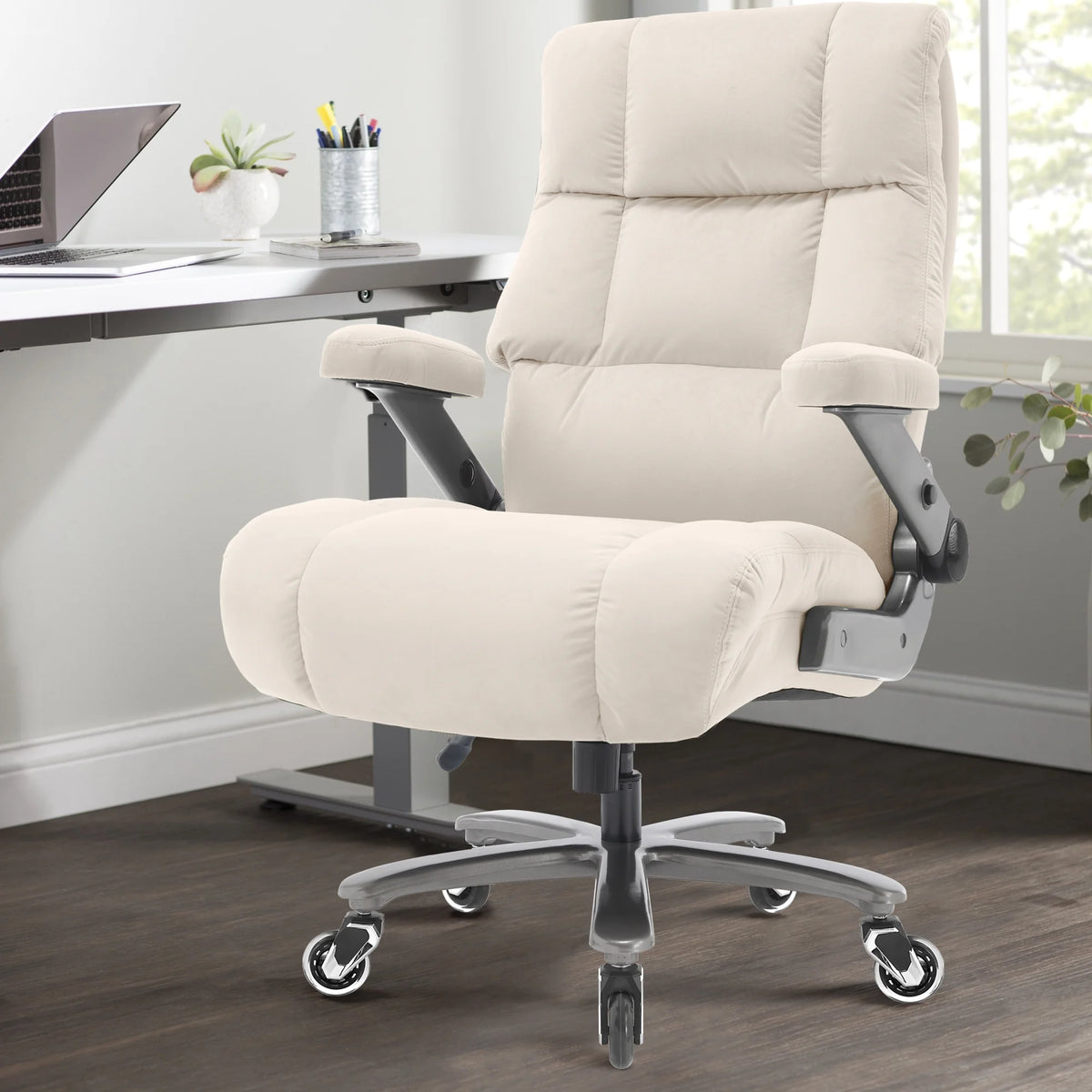Big and Tall 700lbs Office Chair, Ultra-Soft Fabric Executive Desk Chair, Ergonomic Computer Chair with 3D Flip Up Arms, Adjustable Lumbar Support, Heavy Duty Metal Base and Quiet Rubber Wheel, Black