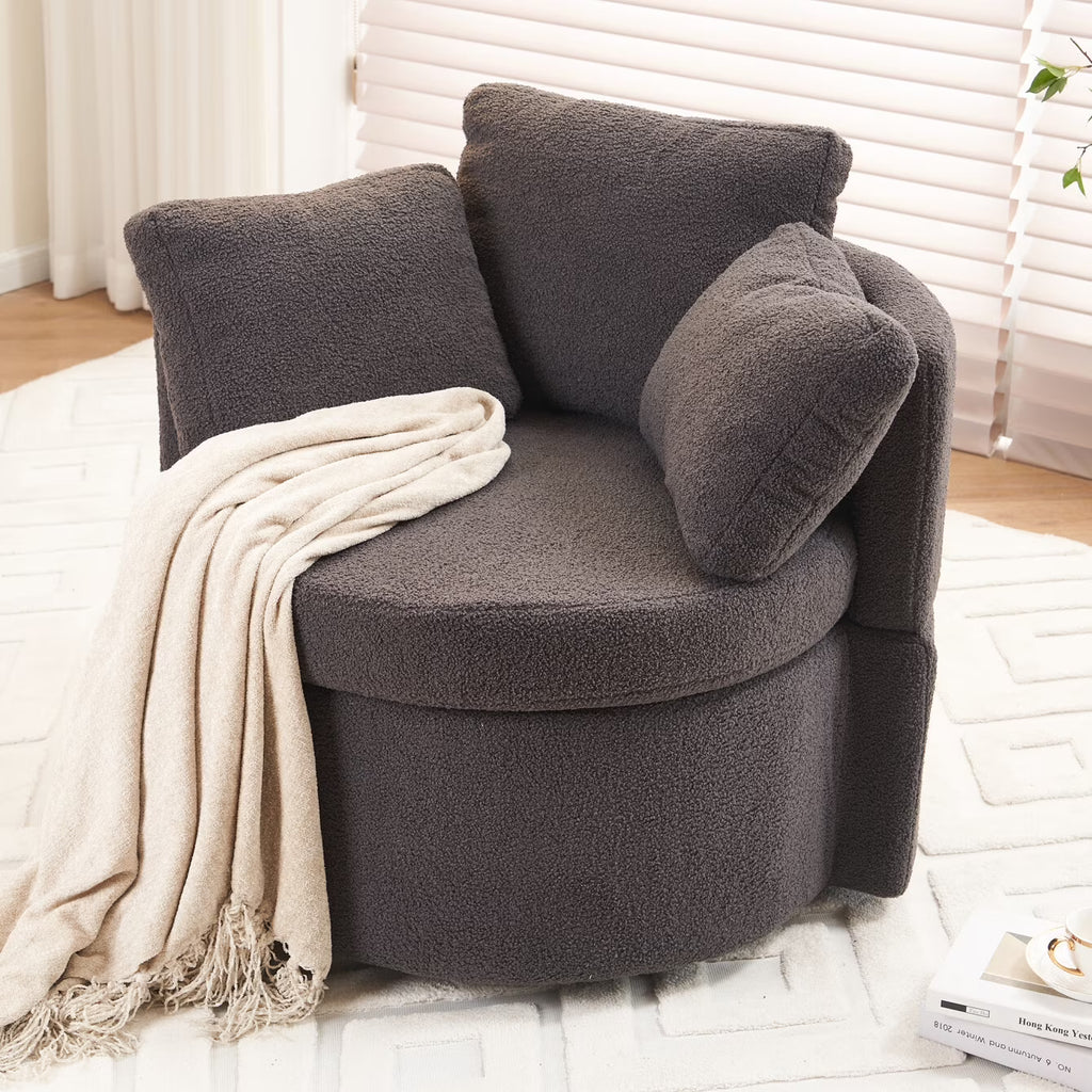 Swivel Barrel Chair, Teddy Round Swivel Accent Sofa Chairs with 3 Pillows and Storage, Modern 360 Degree Boucle Swivel Chairs for Living Room, Bedroom, Office (Dark Gray, Teddy)