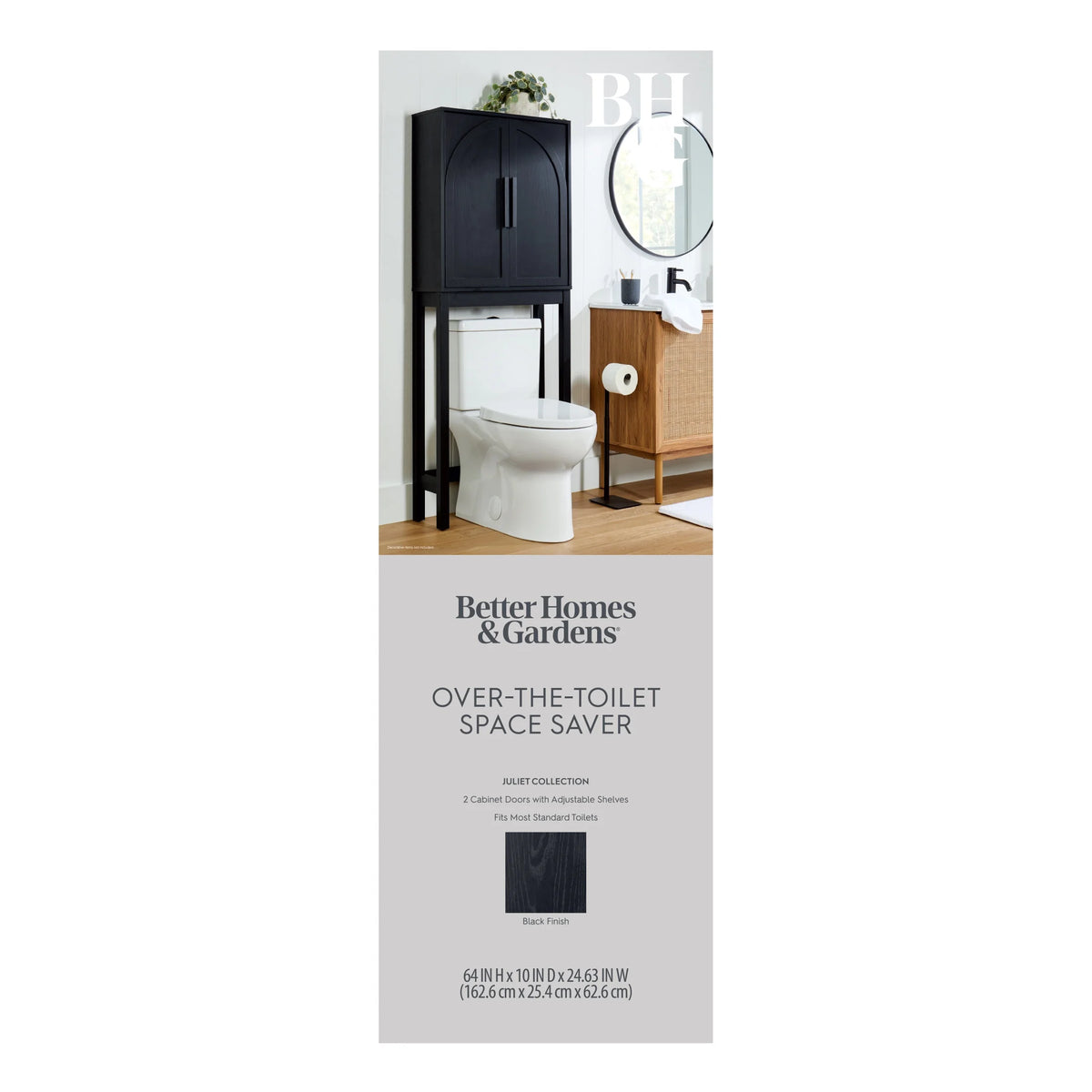 Better Homes & Gardens Juliet over-the-Toilet Space Saver Cabinet, 2 Adjustable Shelves, Black
