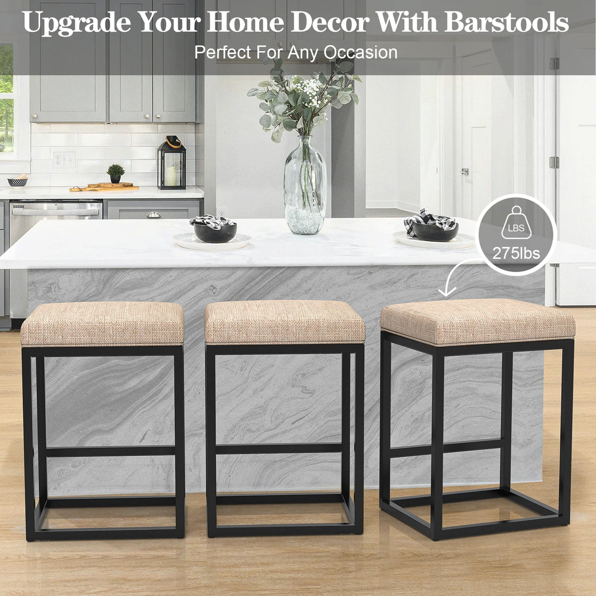 Nathaniel Home 24 Inch Bar Stools Set of 2, Modern PU Leather Metal Barstool, Backless Kitchen Dining Cafe Stool, Upholstered Bar Stool with Footrest, Gray