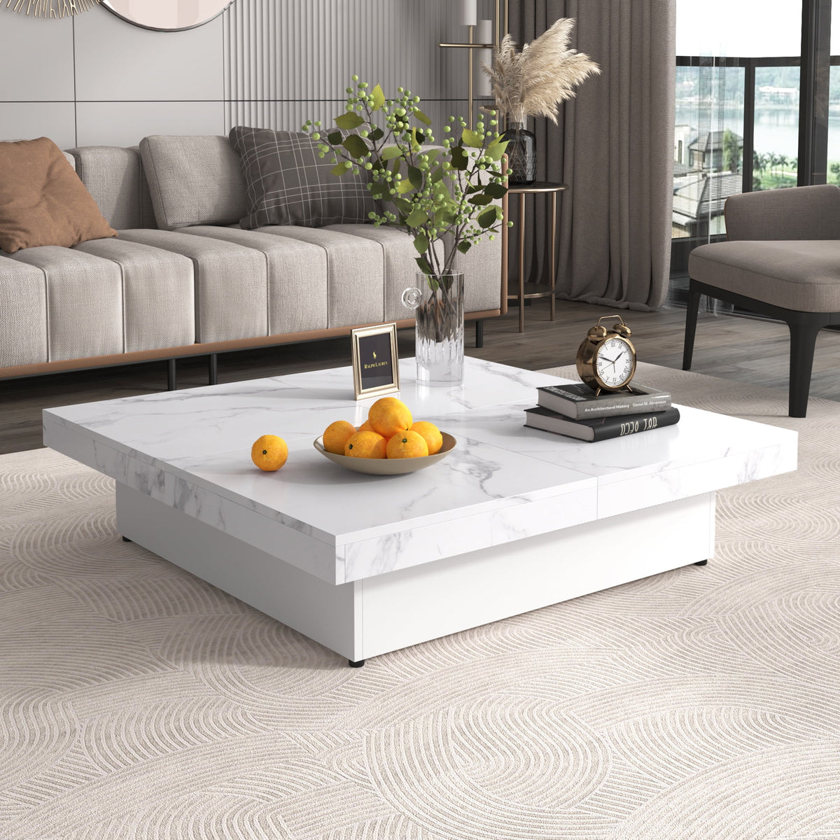 PORKISS Square Coffee Table, Modern Coffee Table with Sliding Top and Storage Space, Cocktail Table with Storage and Grain Veneer Finish, Freestanding Storage Coffee Table for Living Room, Walnut