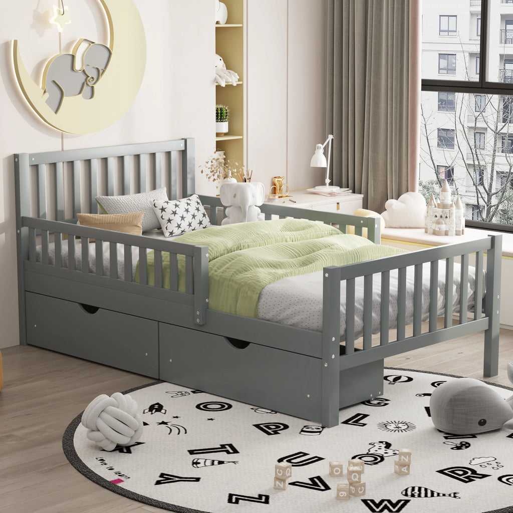 Bellemave Twin Bed with Storage Drawers and Fence Rails, Wood Platform Beds Frame with Headboard, Twin Size Storage Bed for Kids Boys Girls Teens��White)