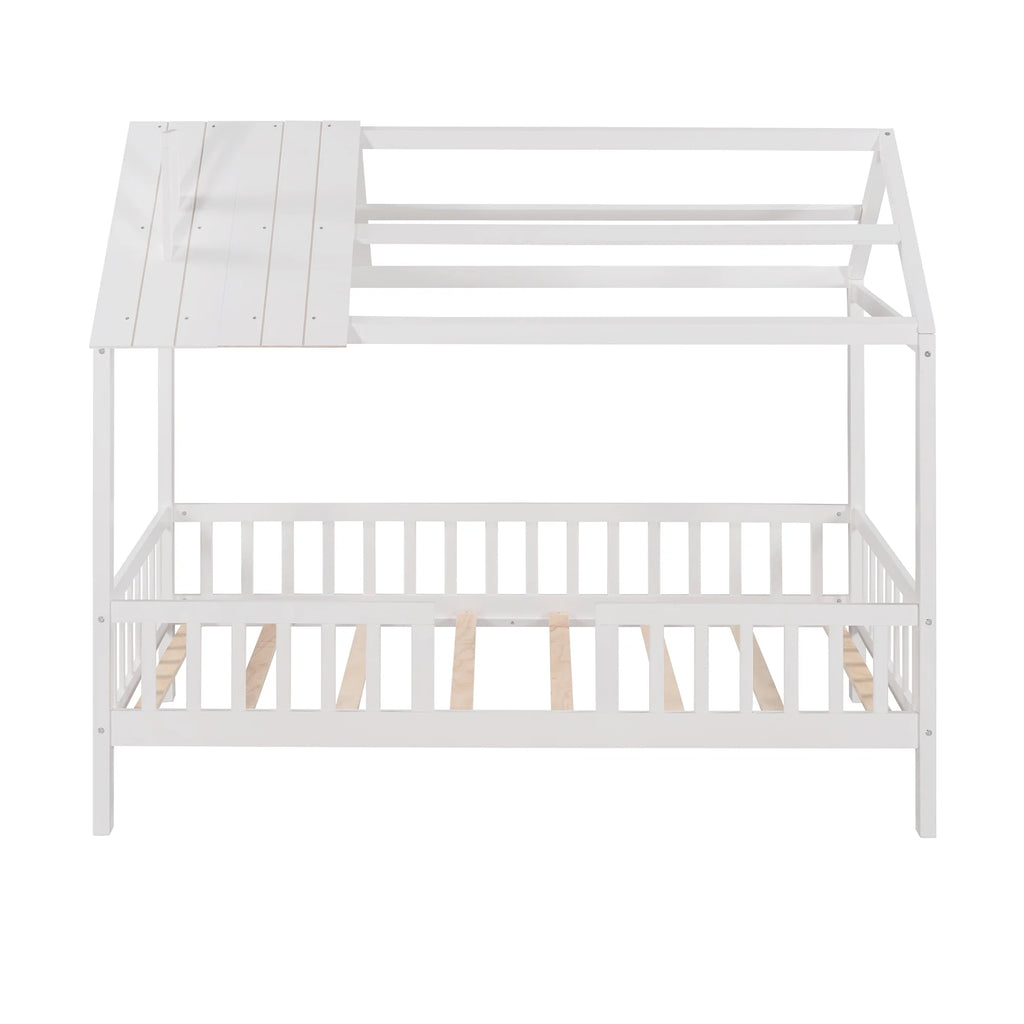 Euroco Twin Size Platform Bed, House Bed with Fence for Kids, Gray