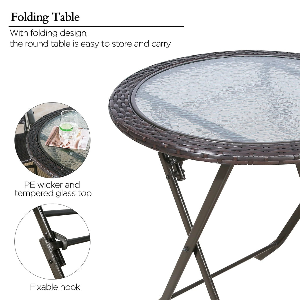 Ulax Furniture 3 Pieces Wicker Folding Bistro Set, Balcony Table and Chairs Sets, Garden Backyard Furniture