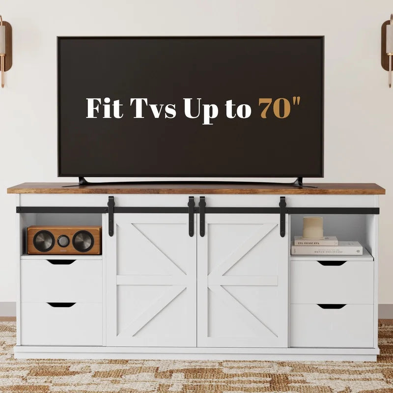 Vineego 70 inch Farmhouse TV Stand for Living Room, Entertainment Center with Sliding Barn Doors & 4 Storage Drawers, Adjustable Shelves Rustic Media Console for Bedroom,White