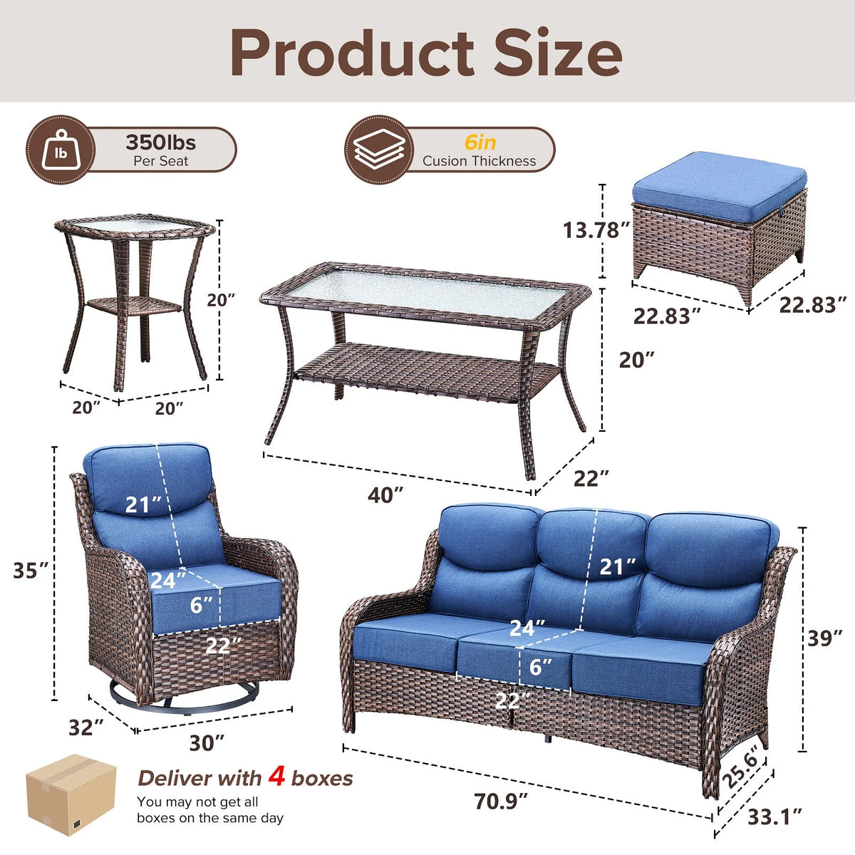 Bellefurn Luxury Outdoor Patio Furniture Set,Swivel Rocker Patio Chairs with 6-inch Thick Cushion,Patio Sofa and Glass Coffee Table,Outdoor Conversation Set for Porch, Deck, Yard