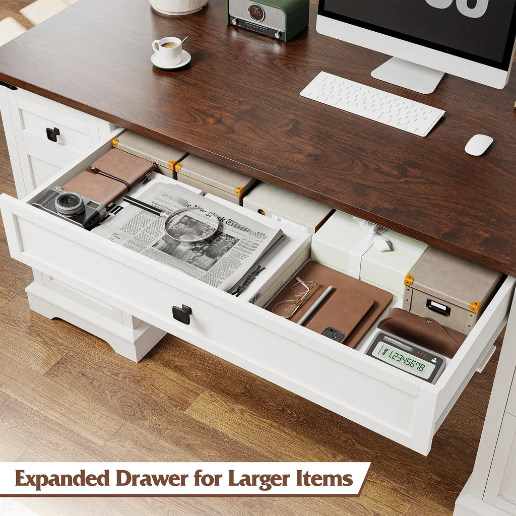 EnHomee Farmhouse Desk with Drawers, Wood Home Office Desk with Charging Station, Antique White