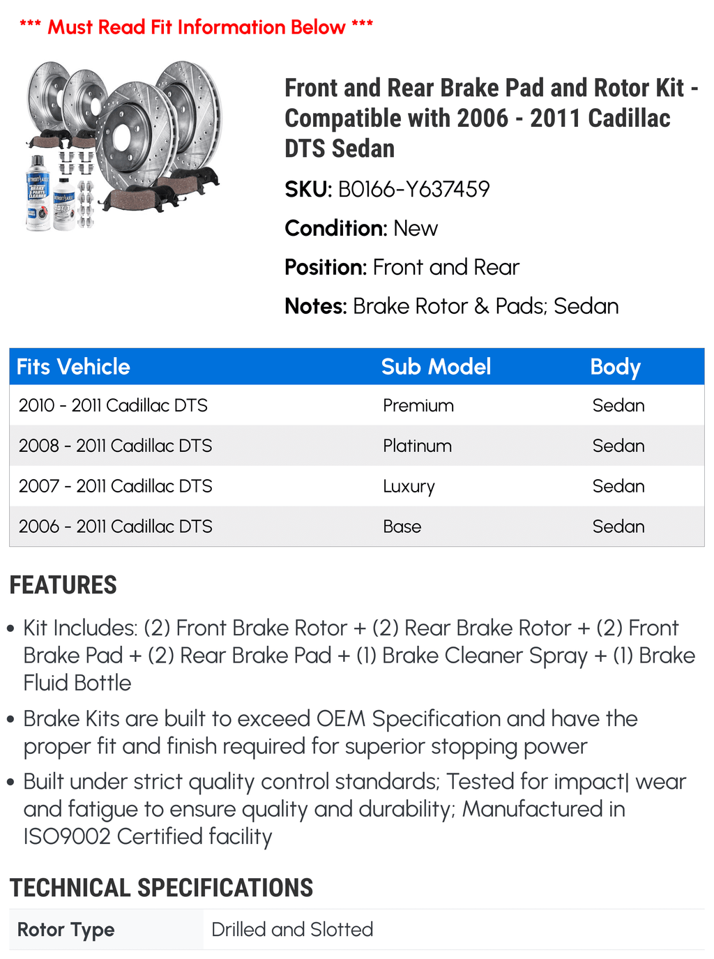 Front and Rear Brake Pad and Rotor Kit - Compatible with 2006 - 2011 Cadillac DTS Sedan 2007 2008 2009 2010