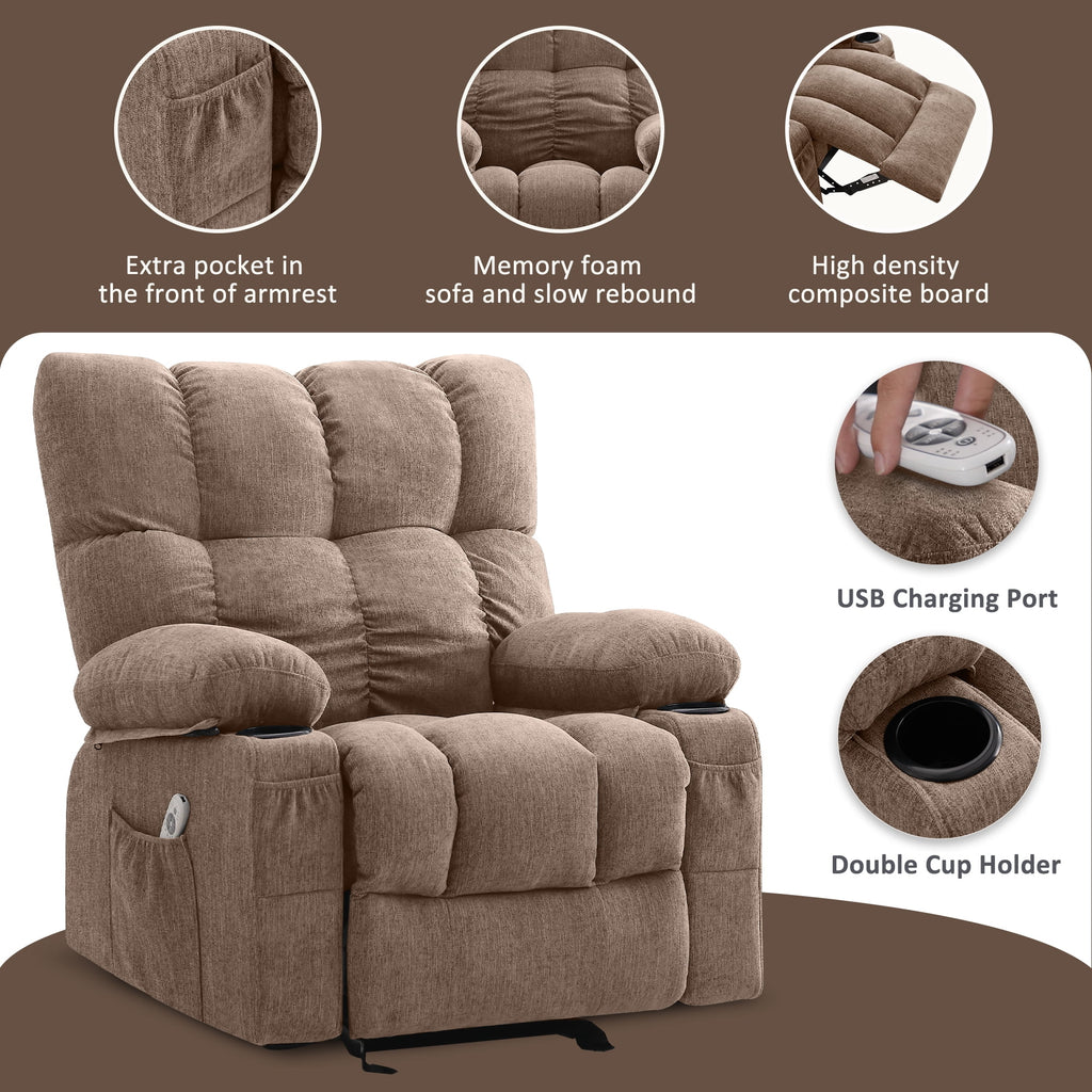 JONPONY Manual Recliner Chair with Heat Therapy and Massage Function, Heavy Duty Reclining Mechanism Massage Chair, Elderly Single Rocker Sofa with Cup Holders for Bedroom Home Theater,Grey