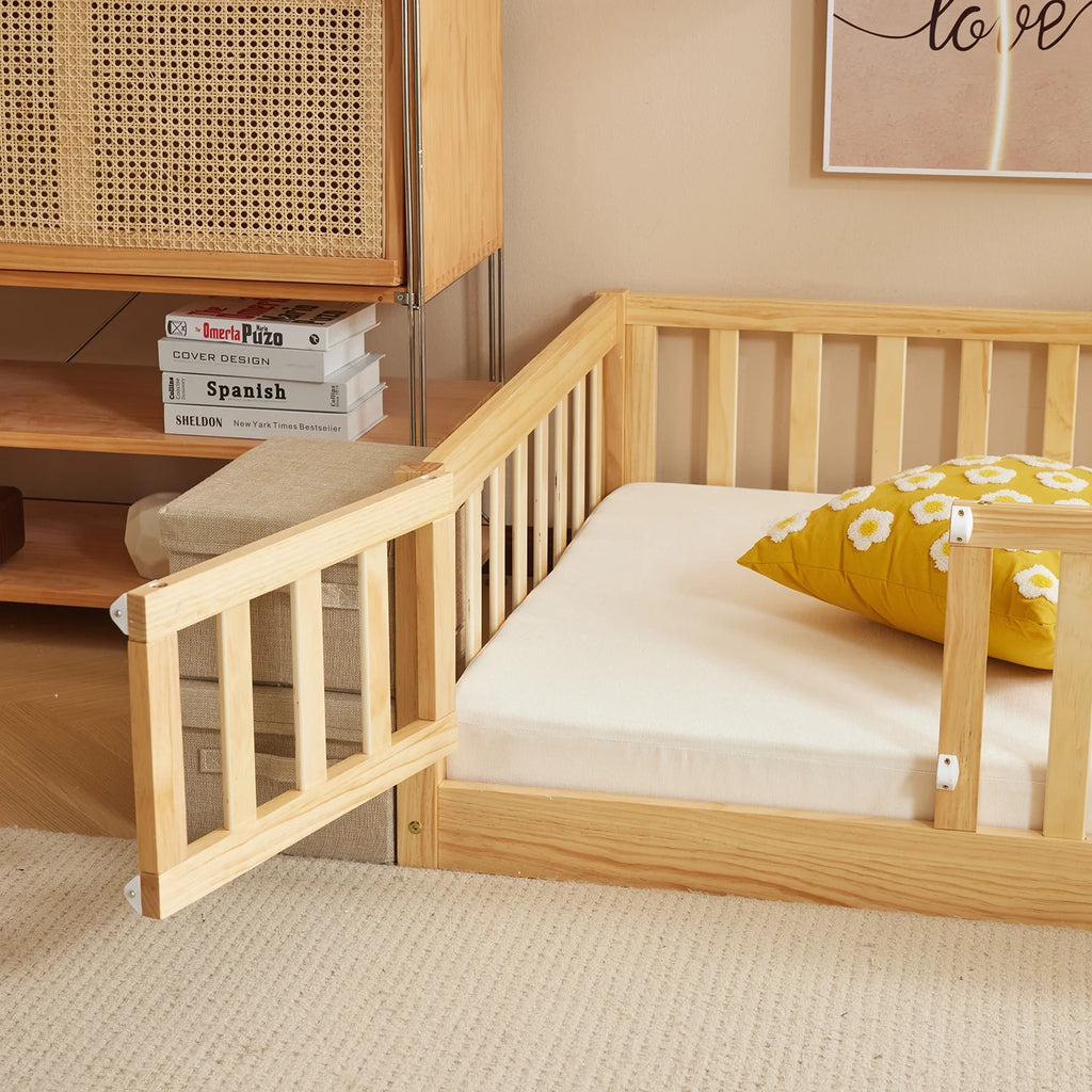 Ktaxon Montessori Twin Floor Bed with Safety Guardrails, Toddler Bed Frame for Kids, Wood Frame - Nature