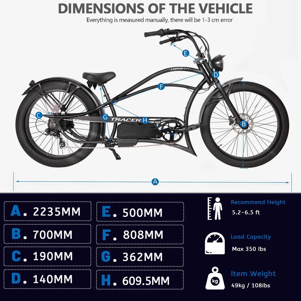 Tracer Legend GT7 Cruiser Chopper E-bike, 1000W Motor, 7 Speed, Disc Brake, for Men, Matte Black
