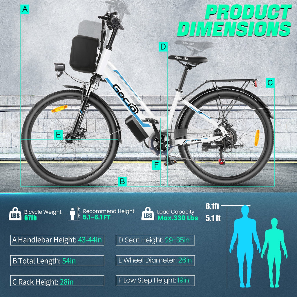 Gocio 26" Electric Bike for Adults, 500W Electric Cruiser Bike, 48V/7.8Ah Removable Battery, 7 Speed, City Commuting E-bike, UL2849