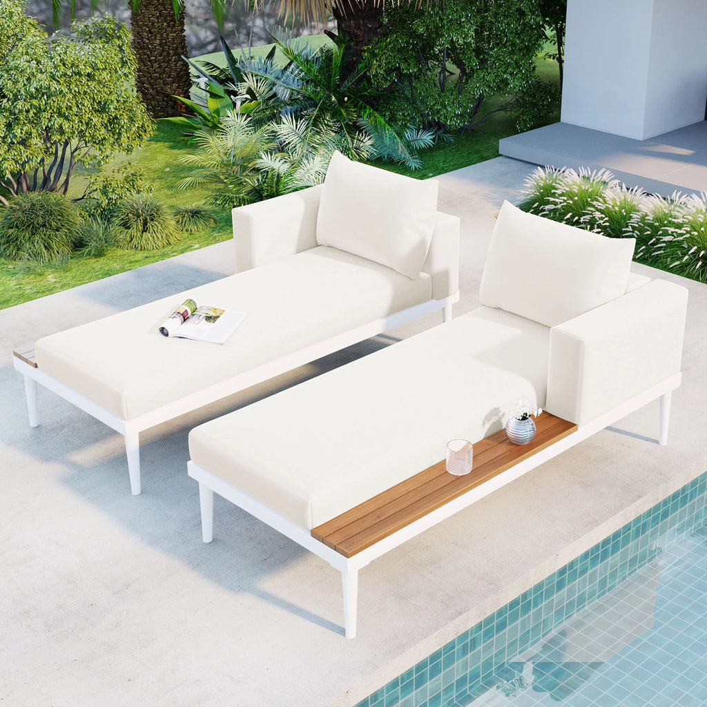Harper & Bright Designs Patio Outdoor Metal Daybed for 2, All Weather Outdoor Chaise Lounges Reclining Chairs with Wood Topped Side Spaces for Drinks for Poolside Balcony Deck, Gray