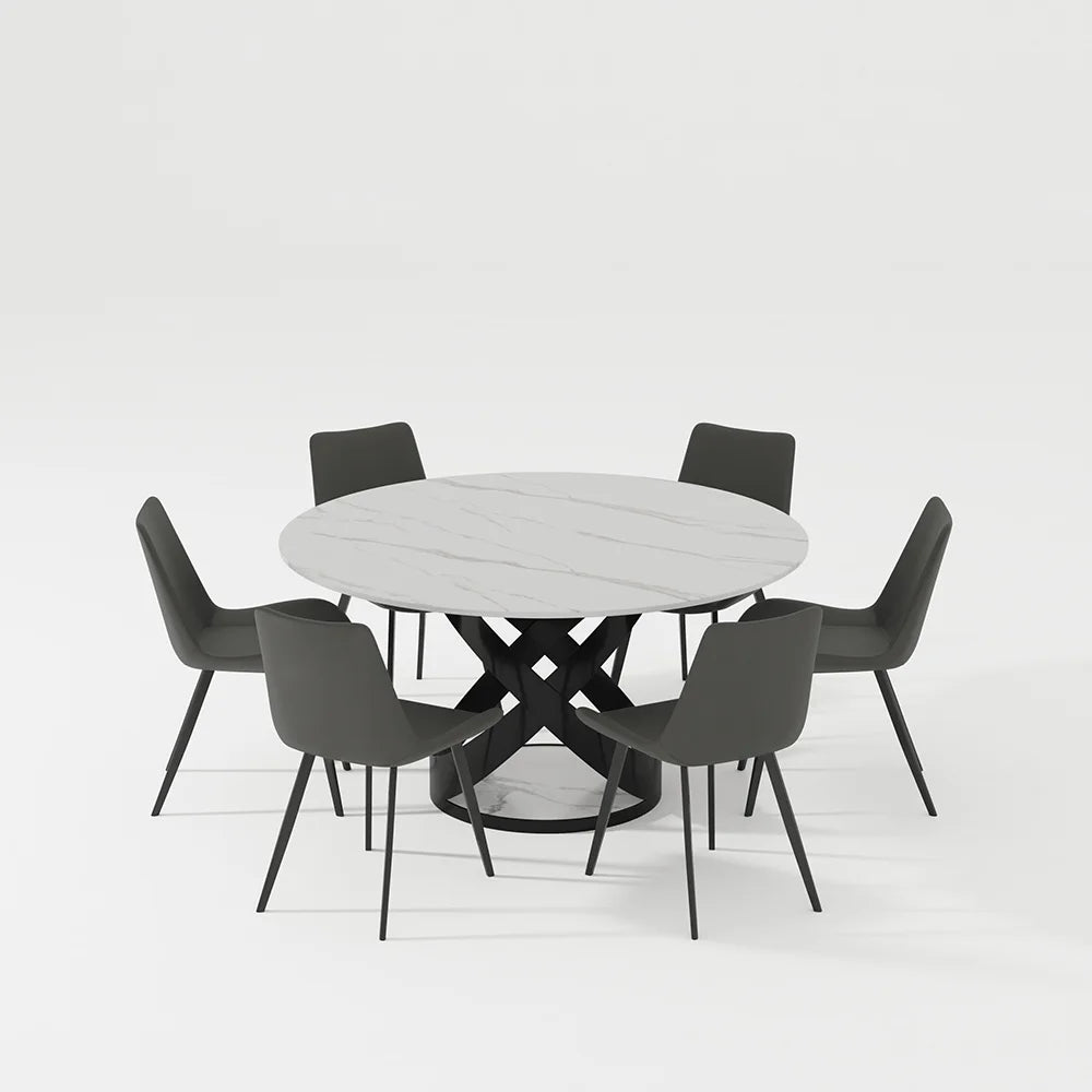 POVISON 7PCS Modern Dining Table Sets (59"Table + 6 Chairs), Round Glossy Sintered Stone Dining Table with Dining Chairs