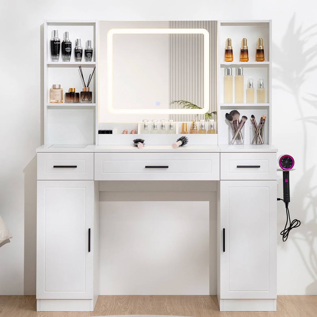 Hommpa Vanity, Makeup Vanity with LED Lighted Mirror Vanity Desk with Drawers Vanity Table with Charging Station for Girls Bedroom Storage Shelves, White