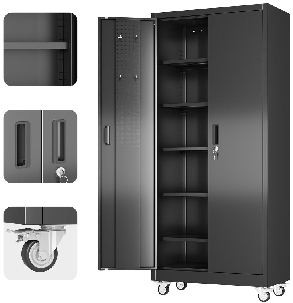 Supeer Locking Storage Cabinet with 5 Adjustable Shelves, Steel, Black, 71" H, Assemble Required
