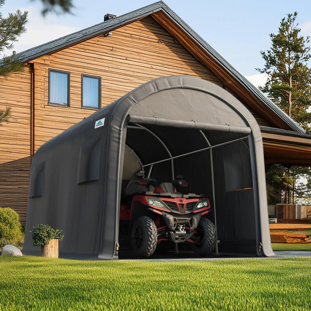 ADVANCE OUTDOOR 10x15 ft Shelter Storage Shed Steel Metal Round Roof Anti-Snow Portable Garage Carport for Motorcycle, Boat, or Garden Tools with 2 Roll up Doors & Vents, Gray