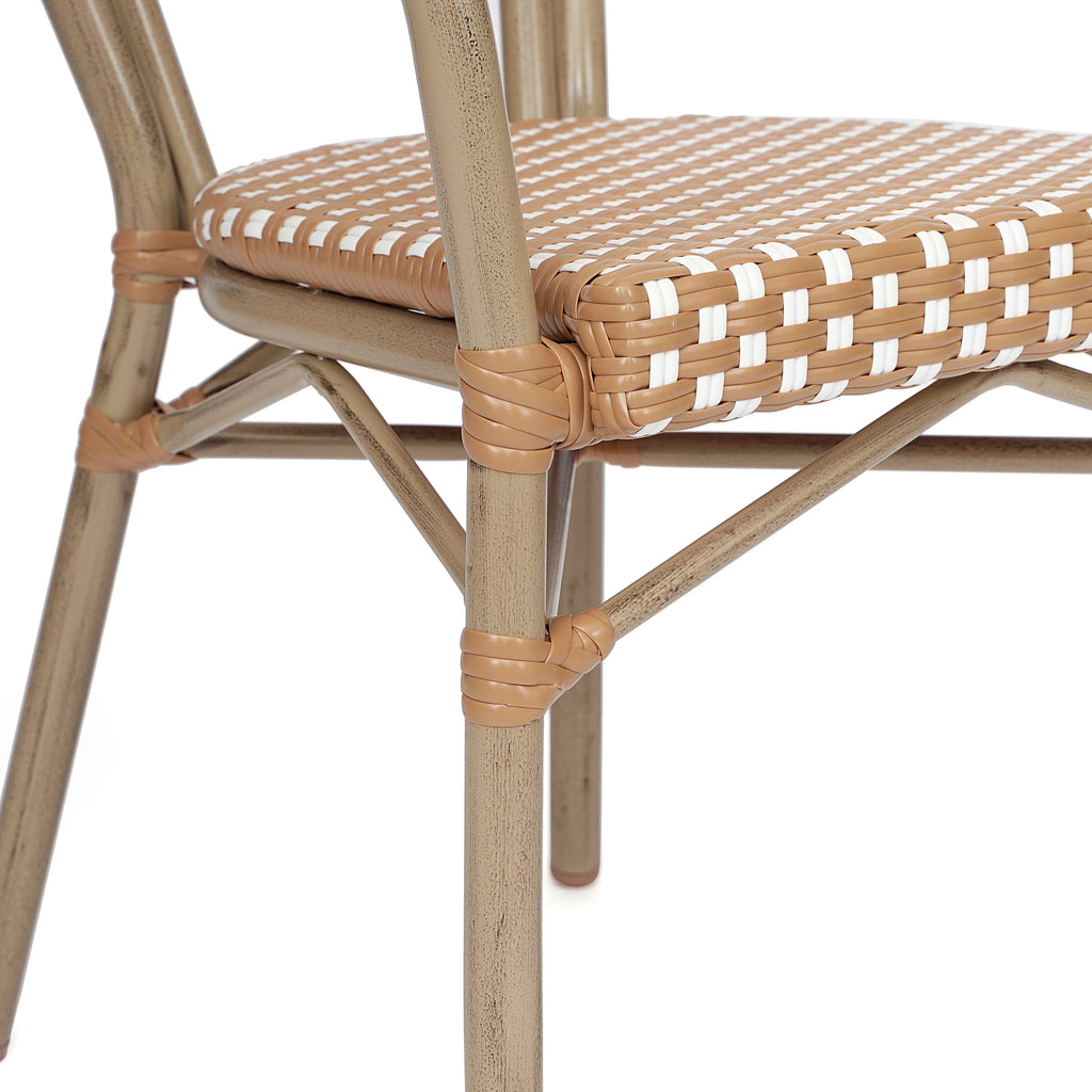 Merrick Lane Stacking Thonet French Bistro Style Chair with Arms, Black & White PE Rattan Seat, and Bamboo Finished Metal Frame for Indoor/Outdoor Use