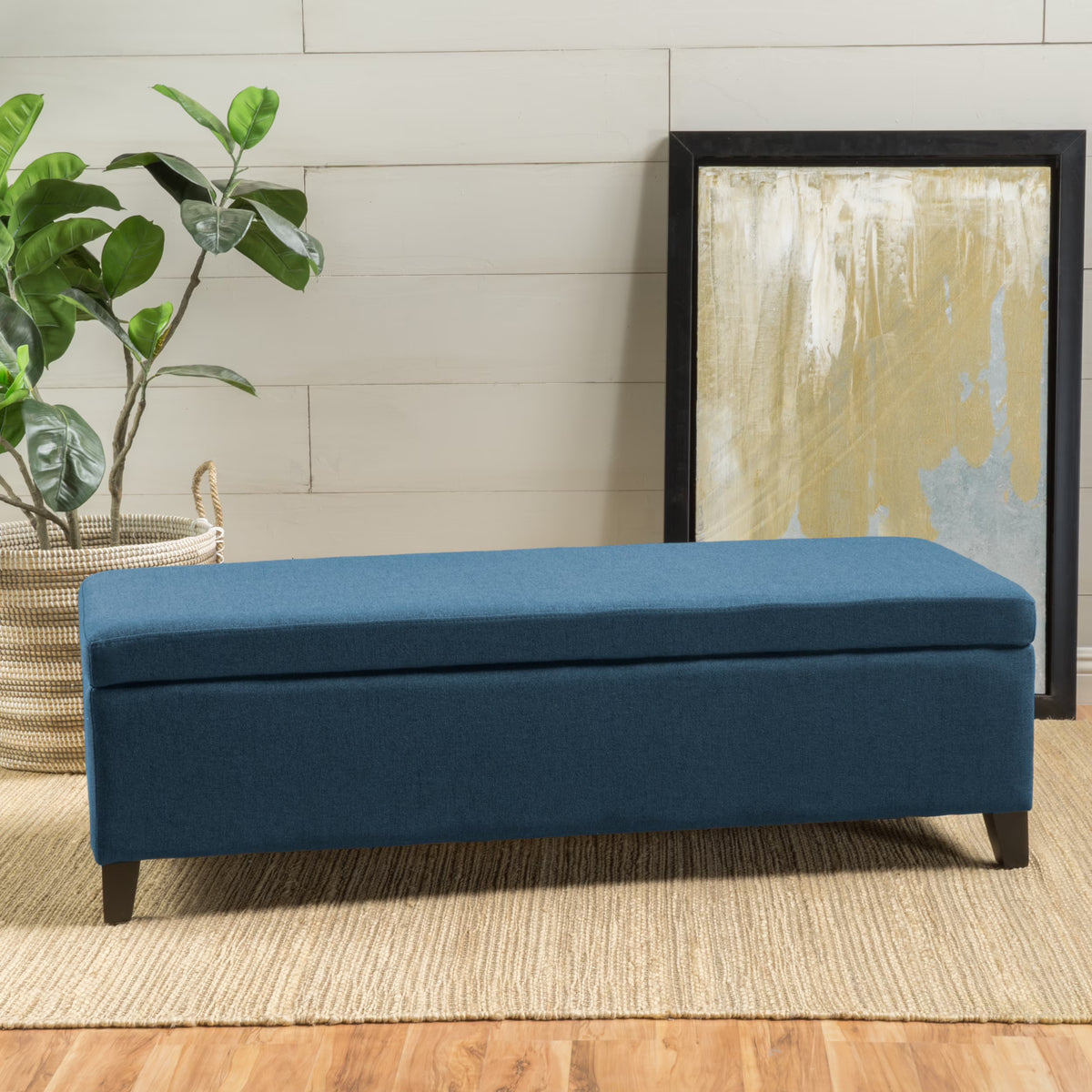 Noble House Hampton Contemporary Fabric Upholstered Storage Ottoman, White and Blue Floral