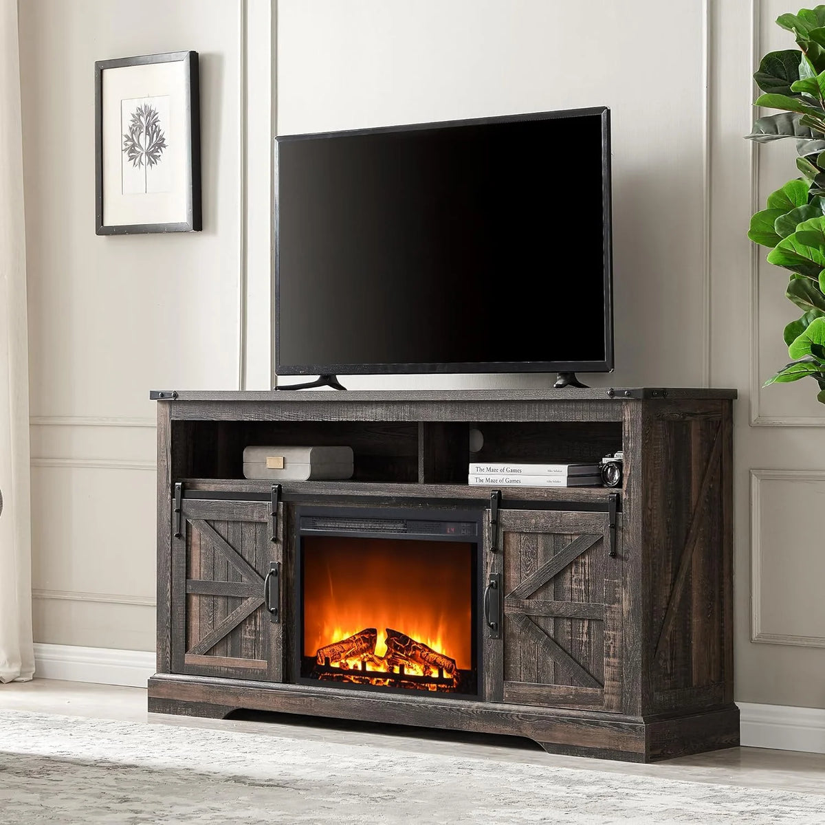OKD Farmhouse Fireplace TV Stand up to 70", Entertainment Center with 23" Fireplace & Open Storage Shelves for Living Room, Antique White