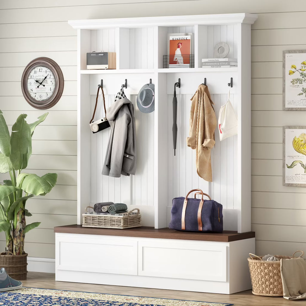 Farmhouse  4-in-1 Hall Tree with Wood Grain Bench, Mudroom Versatile Coat Rack with 2 Large Drawers, Large Entrance Organizer with 6 Black Hooks for Hallway, Living Room, White, 55.9"Wx75.6"H