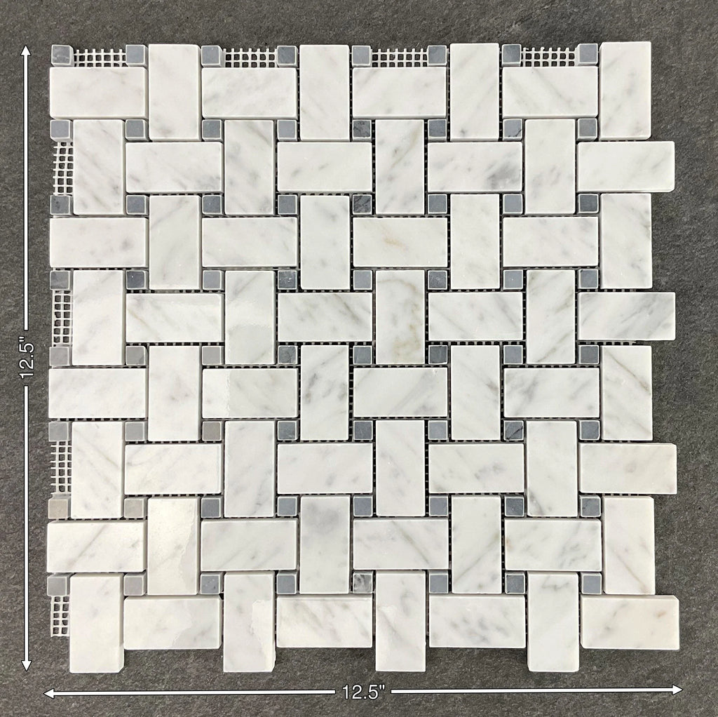 10 Sheets of 1" x 2" White Cararra and Gray Dot Basketweave Marble Mosaic Wall & Floor Tile