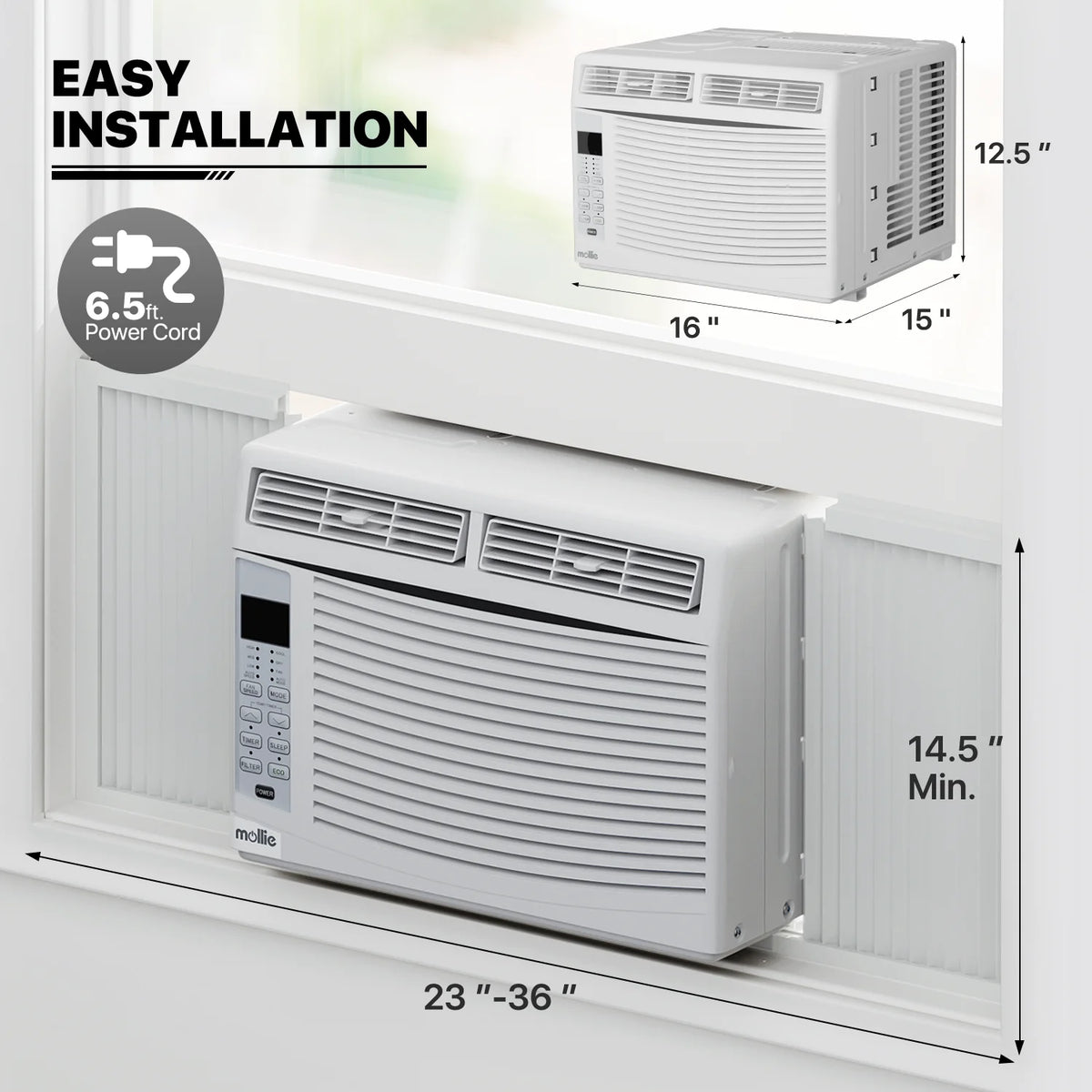 mollie 12,000 BTU 115V Window Air Conditioner, Cools Rooms up to 450 Sq.Ft., Window AC Unit with Remote Control, 24H-Timer and 3 Fan Speeds, White