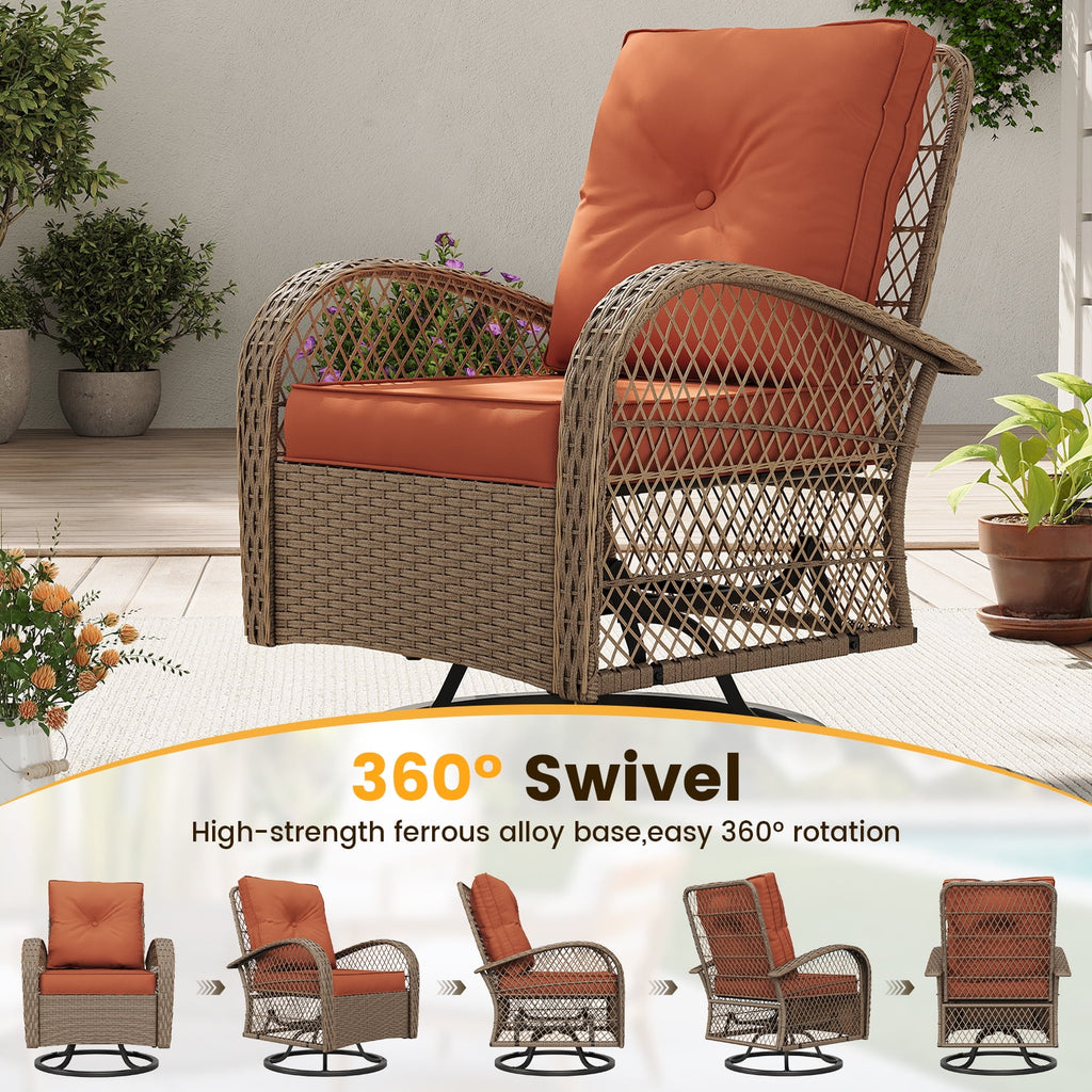 ELPOSUN 3 Pieces Patio Furniture Set, Outdoor Swivel Gliders Rocker, Wicker Patio Bistro Set with Rattan Rocking Chair, Glass Top Side Table and Thickened Cushions for Porch Deck Backyard
