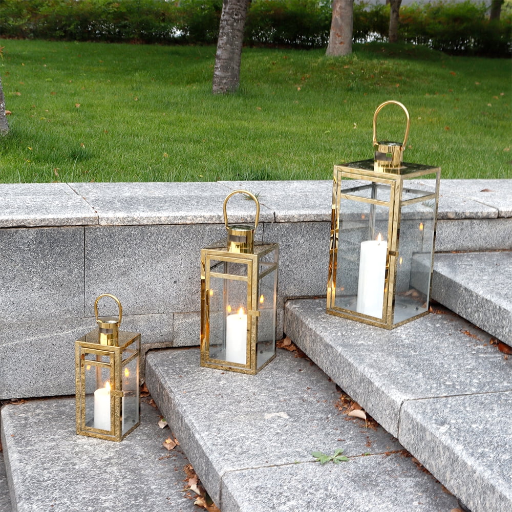 Stainless Steel Lantern Set of 3 12/15/19" Metal Lanterns with Tempered Glass for Parties & Events (Silver )