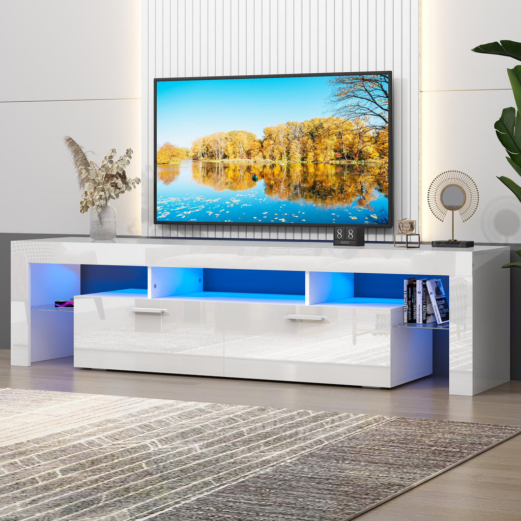 UHOMEPRO TV Stand for TV up to 70", Living Room Entertainment Center with RGB LED Lights and Storage Shelves Furniture, White High Gloss TV Cabinet Console Table