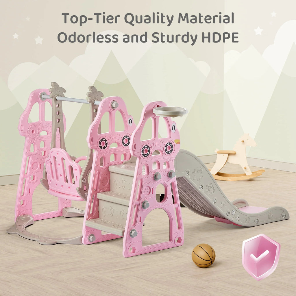 DUKE BABY 4-in-1 Kids Swing and Slide Set for Toddler Age 1-6, Extra Large Baby Indoor Outdoor Activity Playground with Basketball Hoop and Climber ??Pink