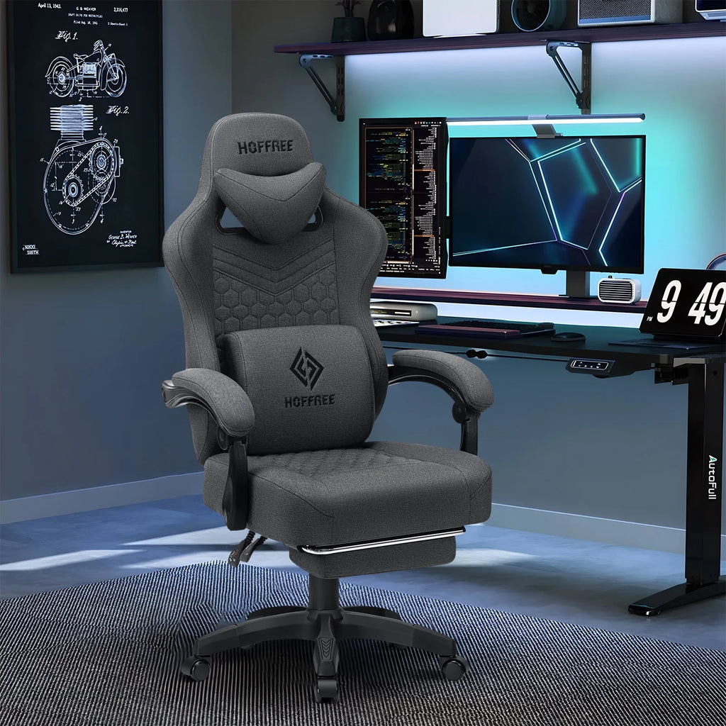 Hoffree Gaming Chair with Massage Fabric Office Chair with footrest for Adults, Ergonomic Gamer Chair with Headrest and Lumbar Support for Office Gaming, 440 LBS