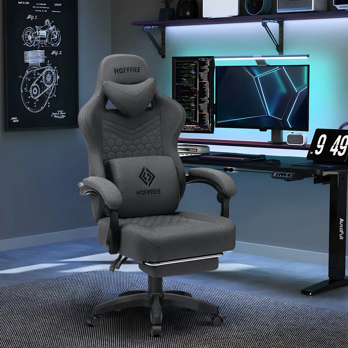 Hoffree Gaming Chair with Massage Fabric Office Chair with footrest for Adults, Ergonomic Gamer Chair with Headrest and Lumbar Support for Office Gaming, 440 LBS