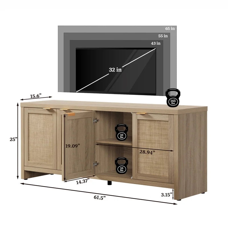 SICOTAS 61.5"W Rattan TV Stand with 4 Doors, Boho Entertainment Center with Adjustable Shelves & Spacious Countertop �C Large Boho Farmhouse Media Console for Living Room, Reclaimed Caramel Oak