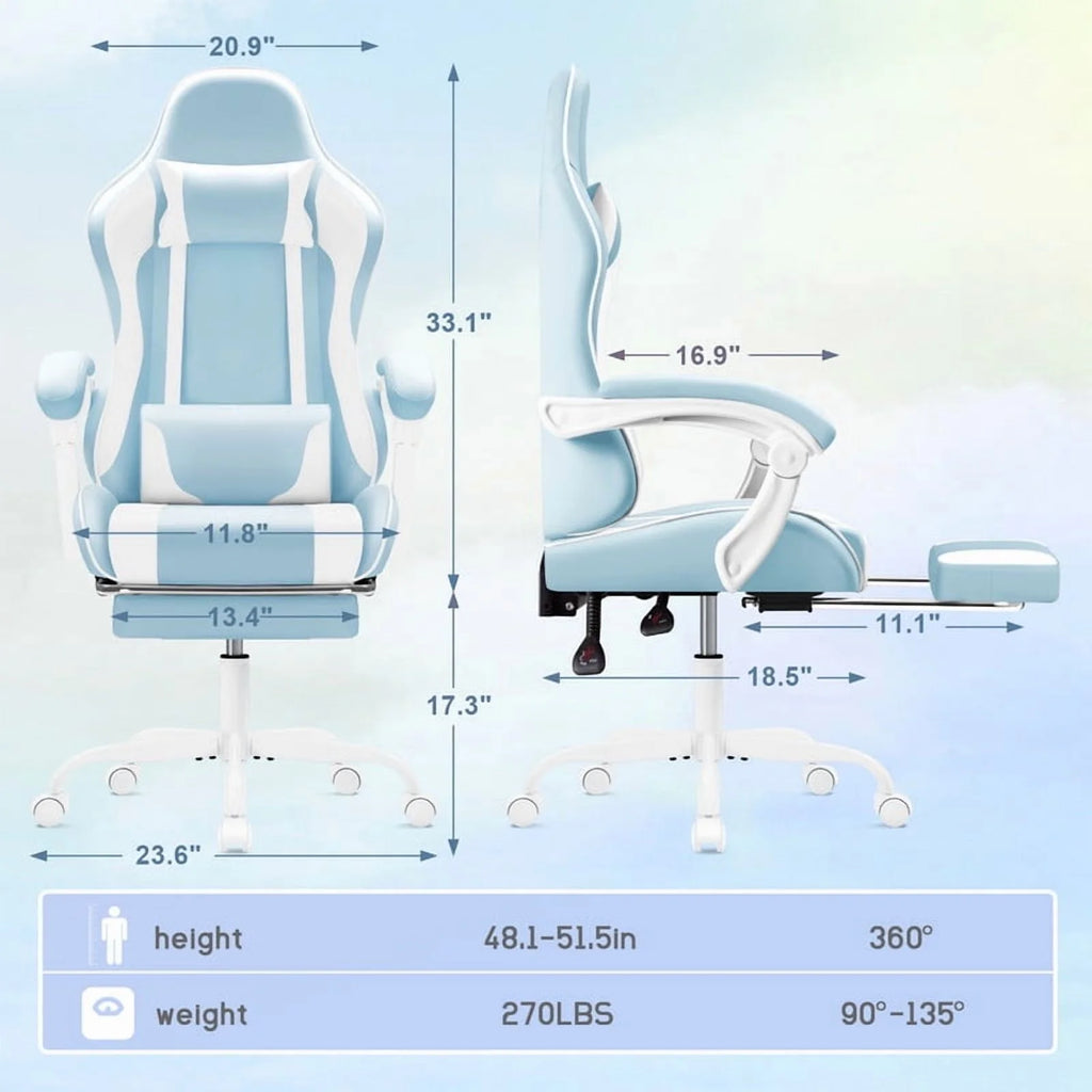 Lacoo PU Leather Gaming Chair Massage Ergonomic Gamer Chair Height Adjustable Computer Chair with Footrest & Lumbar Support, White