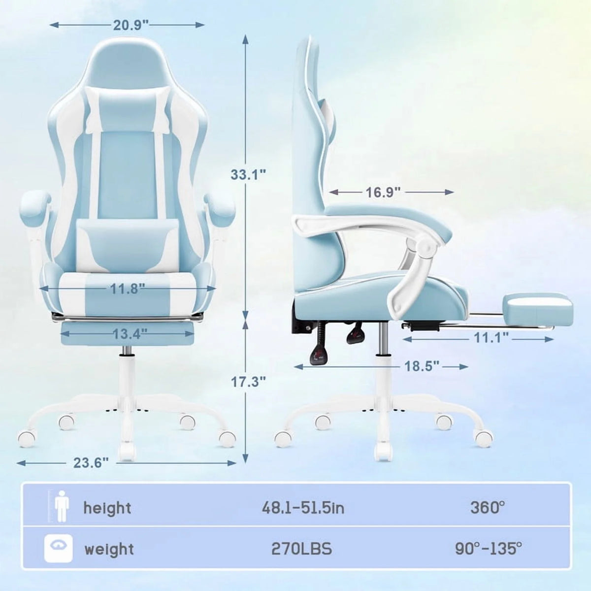 Lacoo PU Leather Gaming Chair Massage Ergonomic Gamer Chair Height Adjustable Computer Chair with Footrest & Lumbar Support, White