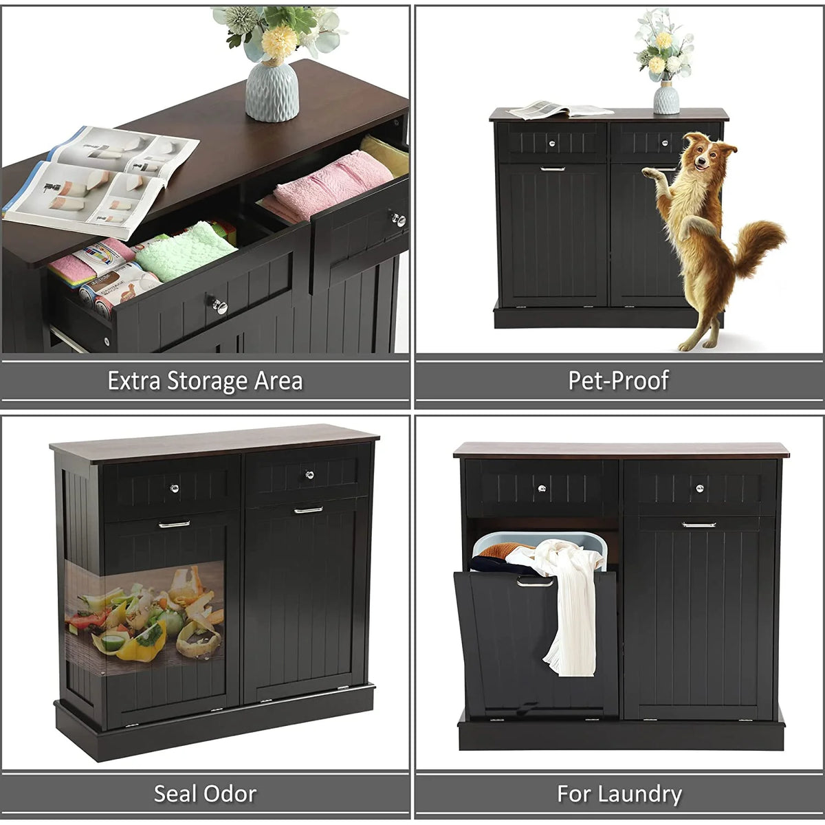 KIGOTY Dual Kitchen Trash Cabinet, Double Tilt Out Trash Can Cabinet with Countertop and Drawer, Free-Standing Pet Proof Recycling Cabinet Garbage Can Holder, Wood (White)