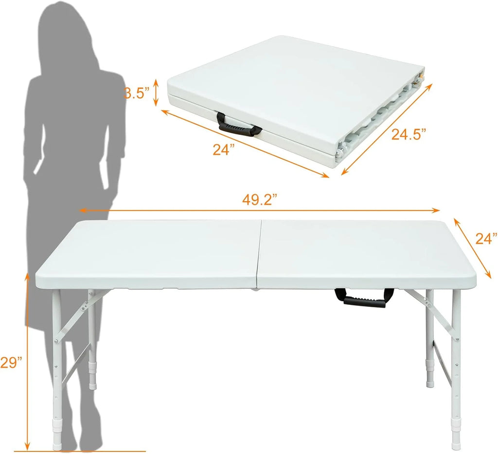 Folding Table with Carry Handle, Portable Fold-in-Half Plastic Table, Rectangle Foldable Table for Indoor