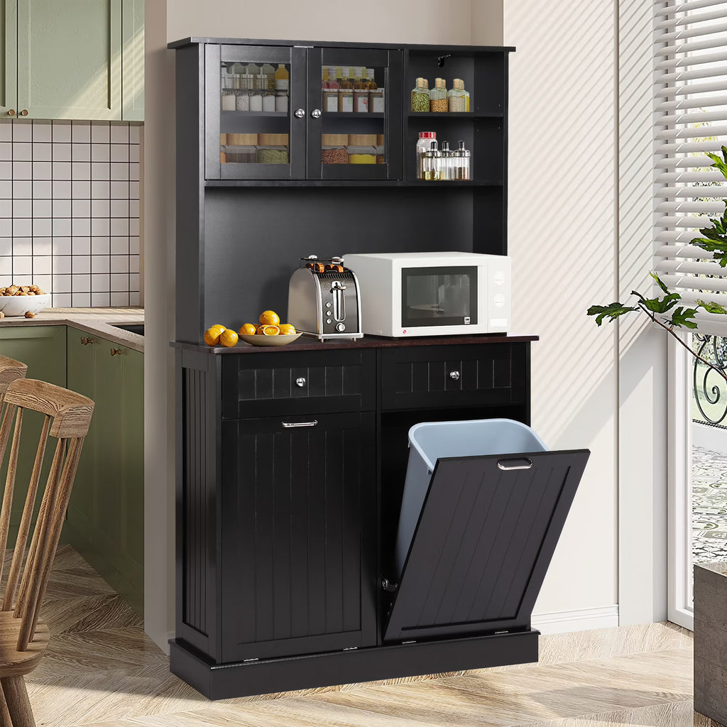 KIGOTY Dual Kitchen Trash Cabinet, Double Tilt Out Trash Can Cabinet with Countertop and Drawer, Free-Standing Pet Proof Recycling Cabinet Garbage Can Holder, Wood (White)
