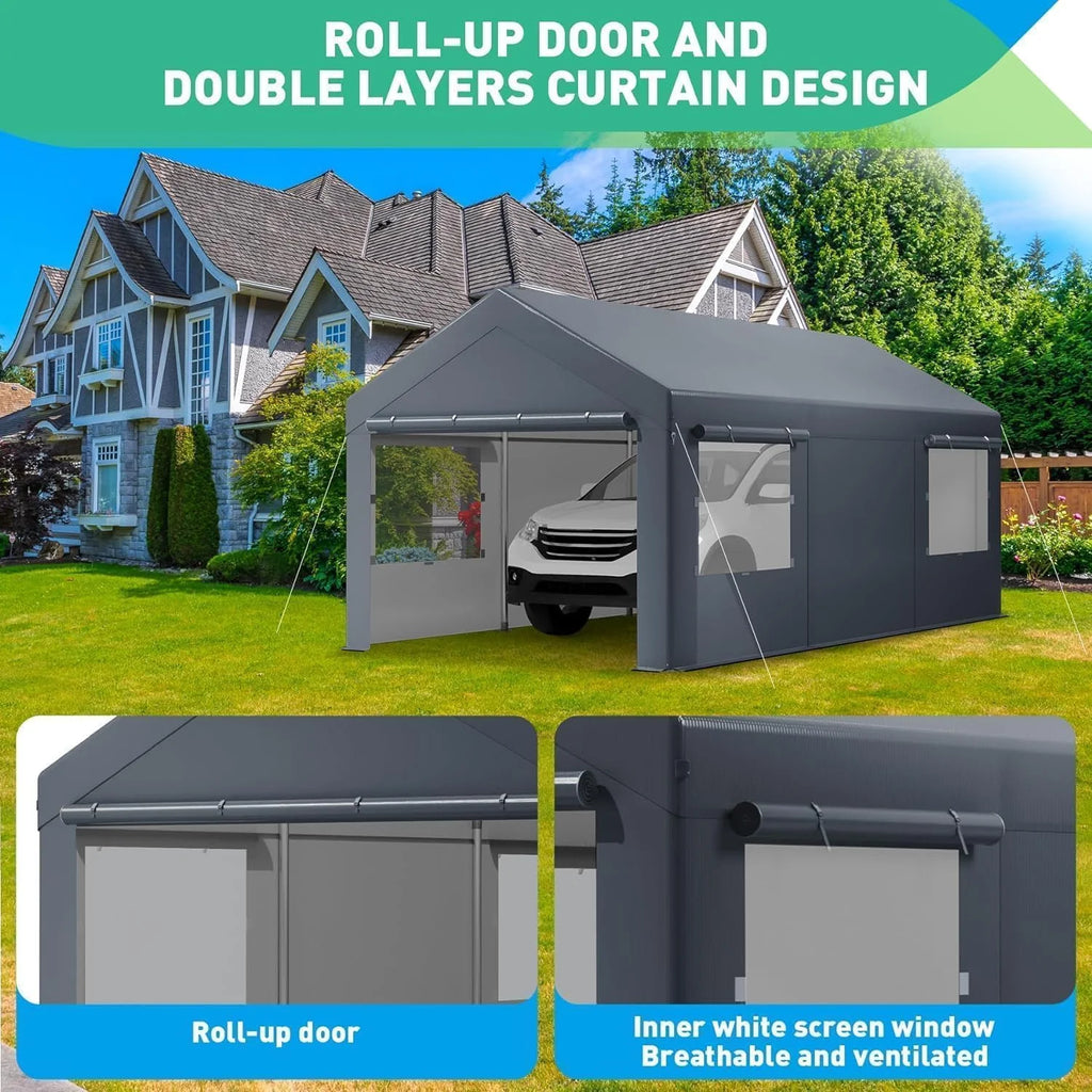 Carport,10x20 ft Heavy Duty Carport with Roll-up Windows,Portable Garage with Sidewalls,Car Canopy,All-Season Portable Garage for Car Boat Truck Motorcycle Parties