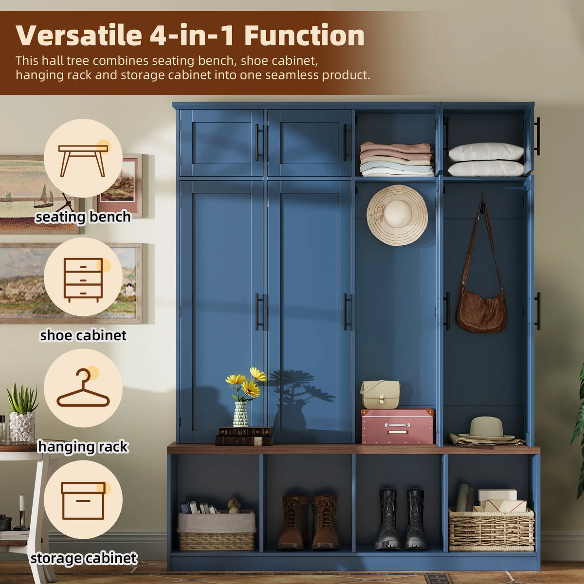 Euroco Entryway Hall Tree with Bench, Shoe Storage, Coat Hooks & Cabinets �C Walnut Finish, Anti-Tip Design, Modern Mudroom Organizer