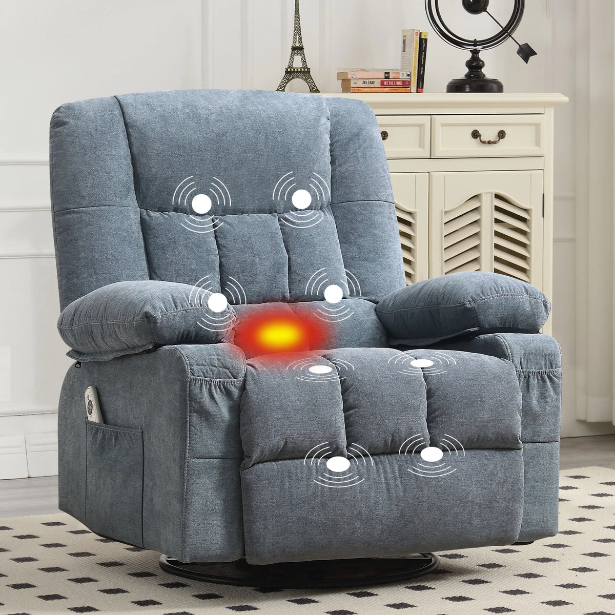 JONPONY Massage Swivel Rocker Recliner Chair with Vibration Massage and Heat Ergonomic Lounge Chair for Living Room with Rocking Function and Side Pocket, 2 Cup Holders, USB Charge Port,Grey