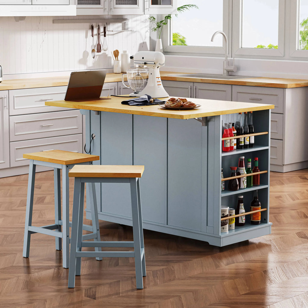 EUROCO 53" Large Kitchen Island with Drop Leaf,Kitchen Island Cart on 5 Wheels with Power Outlet,Door Internal Storage Rack and 5 Open Side Racks,Rolling Kitchen Table for Dining Room,Grey Blue