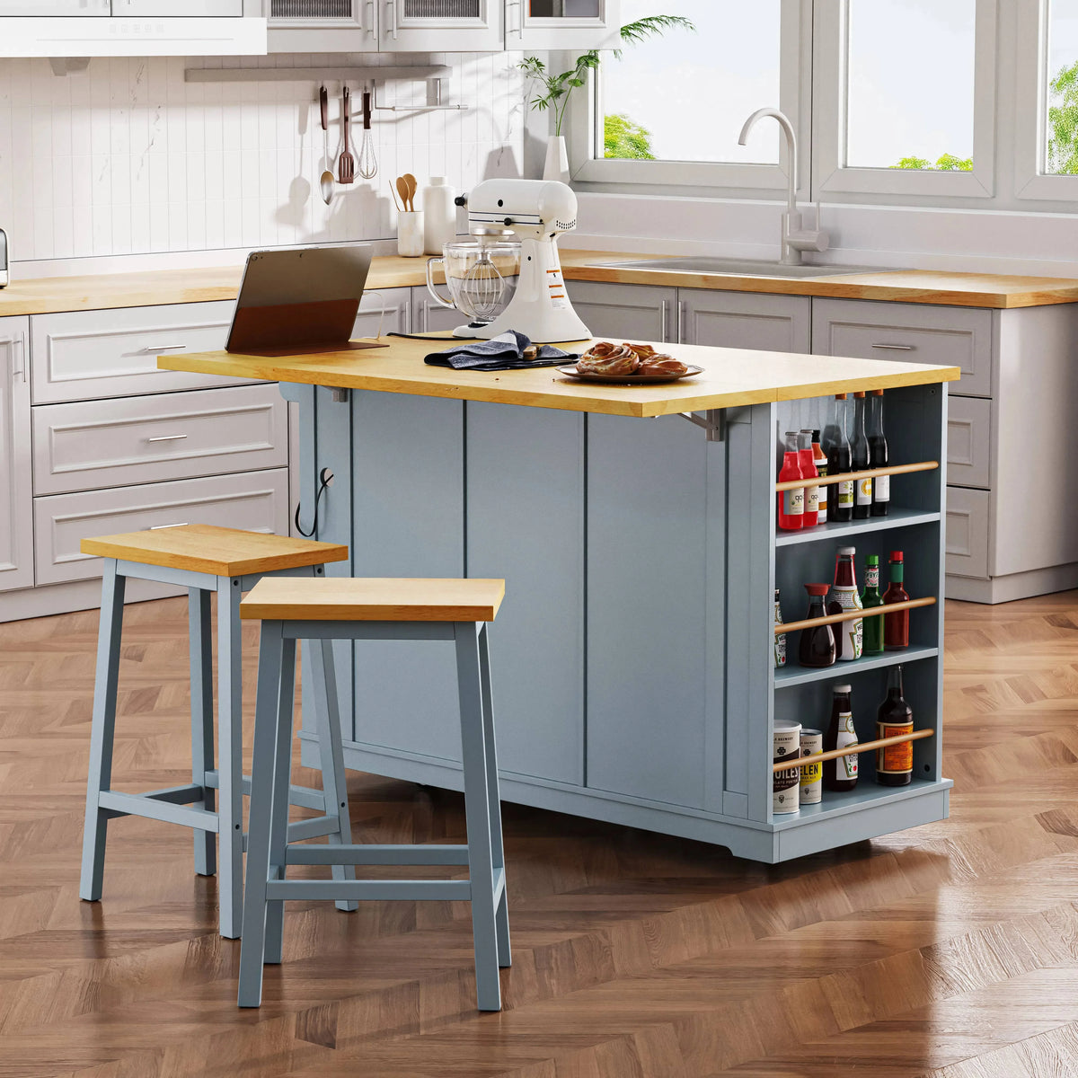 EUROCO 53" Large Kitchen Island with Drop Leaf,Kitchen Island Cart on 5 Wheels with Power Outlet,Door Internal Storage Rack and 5 Open Side Racks,Rolling Kitchen Table for Dining Room,Grey Blue
