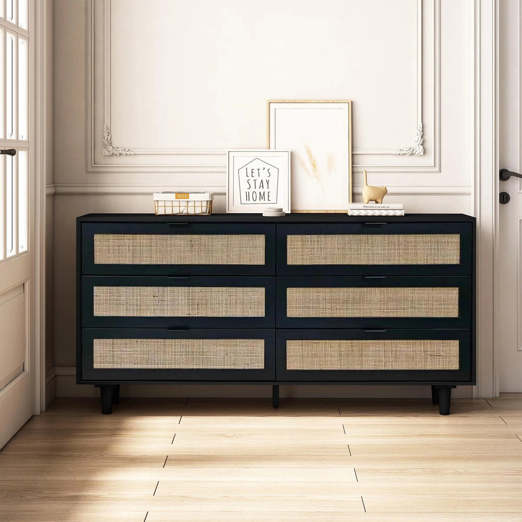Wide 6 Drawer Rattan Dresser, Boho Dresser for Bedroom, Wooden Dresser Chest of Drawers, Natural